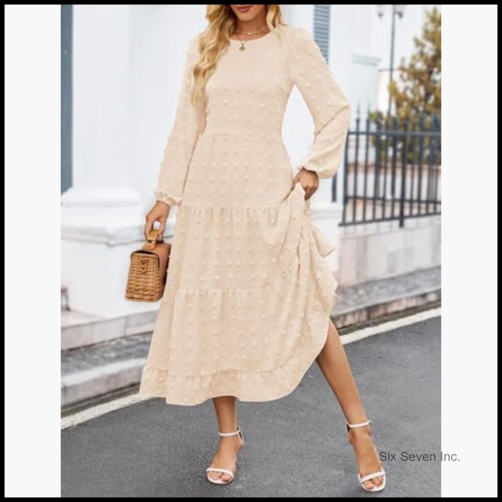 Long Sleeve Maxi Dress Swiss Dot Tiered Flowy A Line Wedding Cocktail Party - Picture 6 of 7